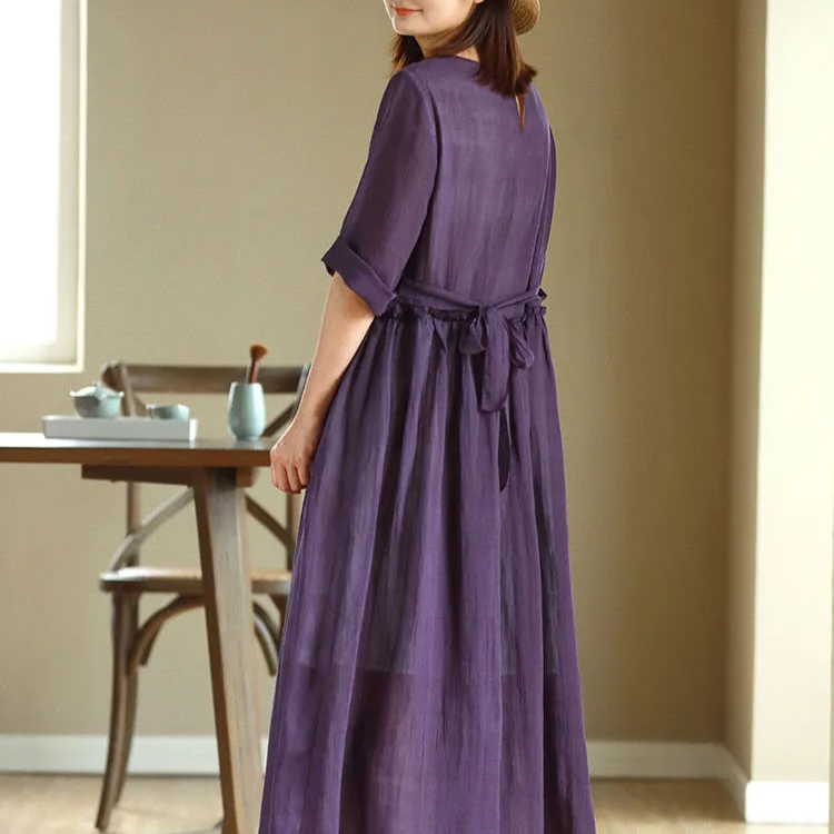 ウエストラインがきれいな綿麻ワンピース