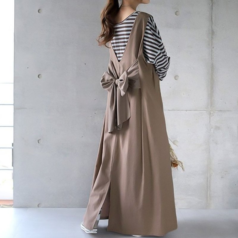 新しいレトロ V ネック ストラップ ドレス夏ルーズ ボウ ストラップ スタイル