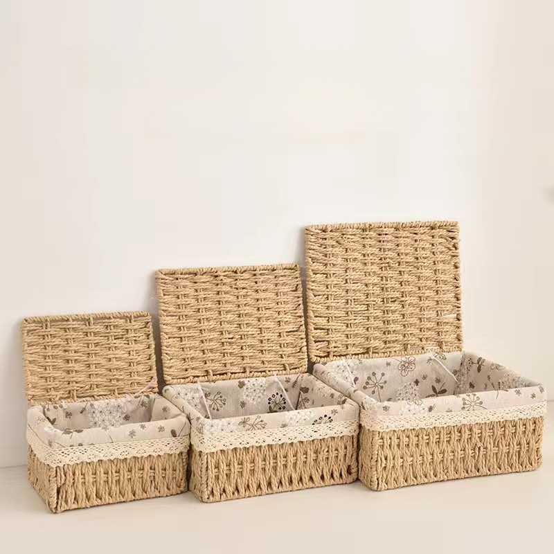 Desktop storage box with lid rattan basket sundries box key entrance coffee table storage basket