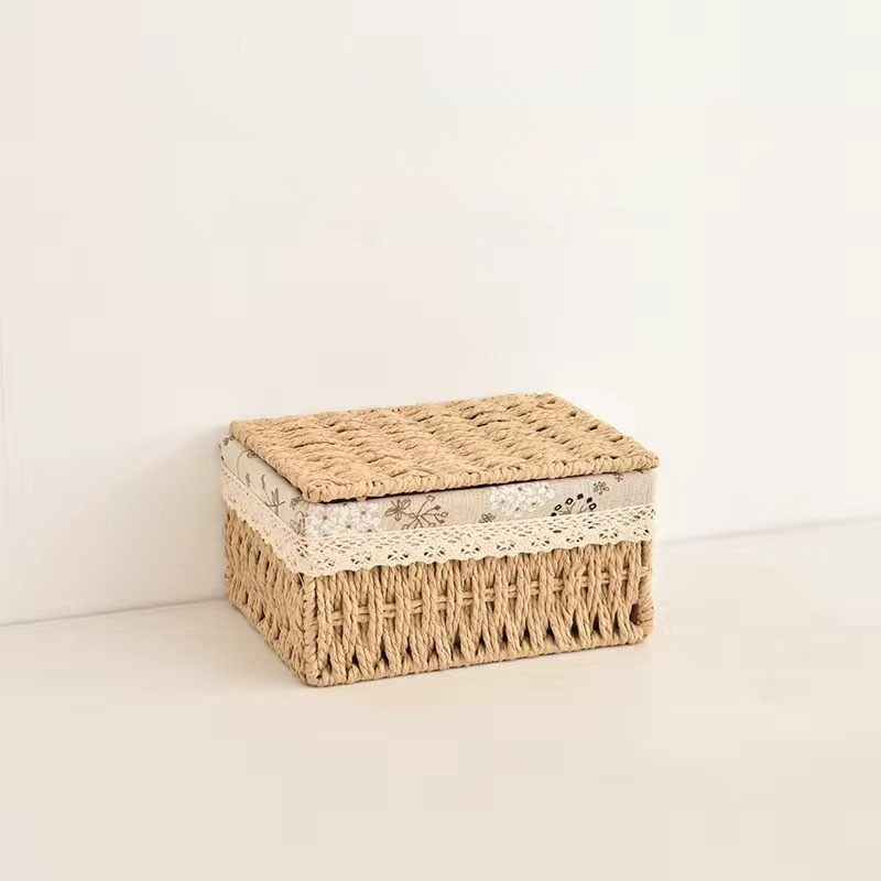 Desktop storage box with lid rattan basket sundries box key entrance coffee table storage basket