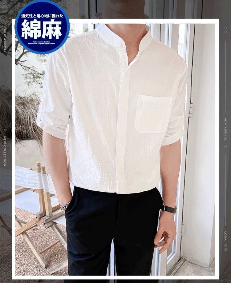 メンズ夏綿麻スタンドカラーシャツ