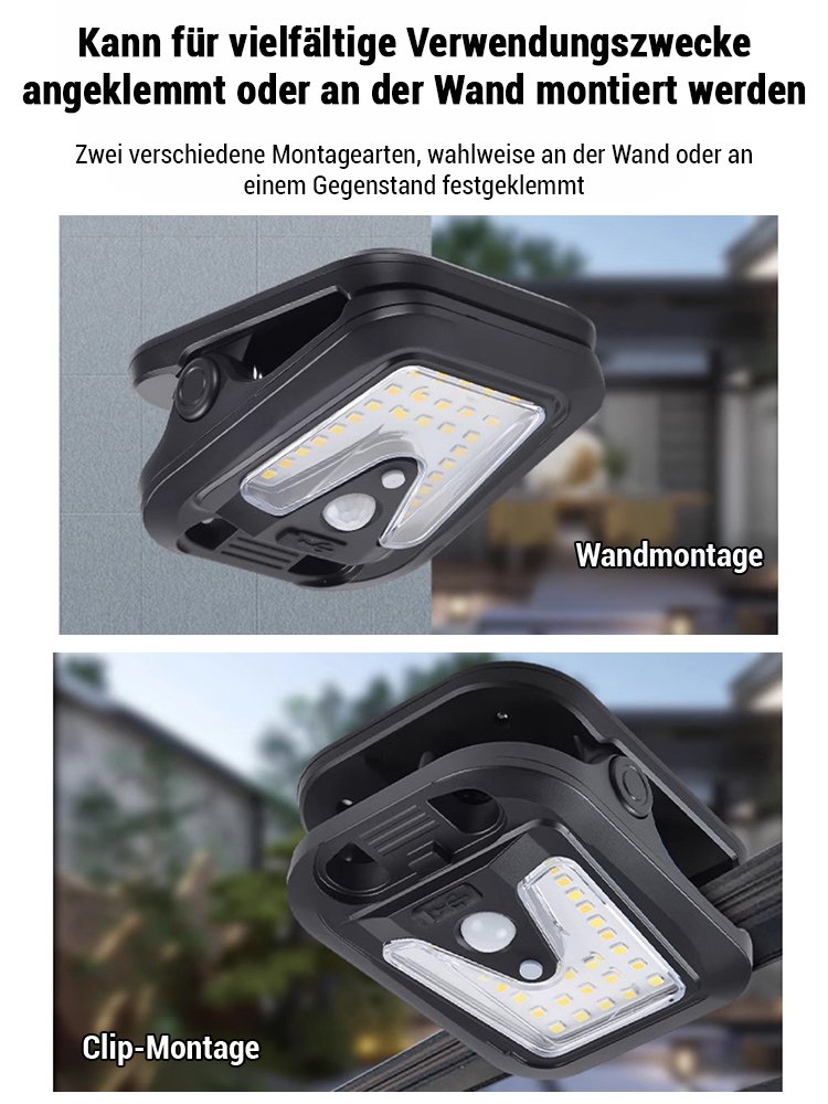 Wetterfeste Sensor-Solar-Klemmleuchte für Außenbereich