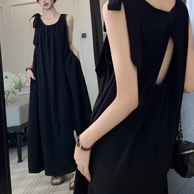 【뒤쪽 컷아웃 디자인】단색 루즈핏 여성 민소매 원피스