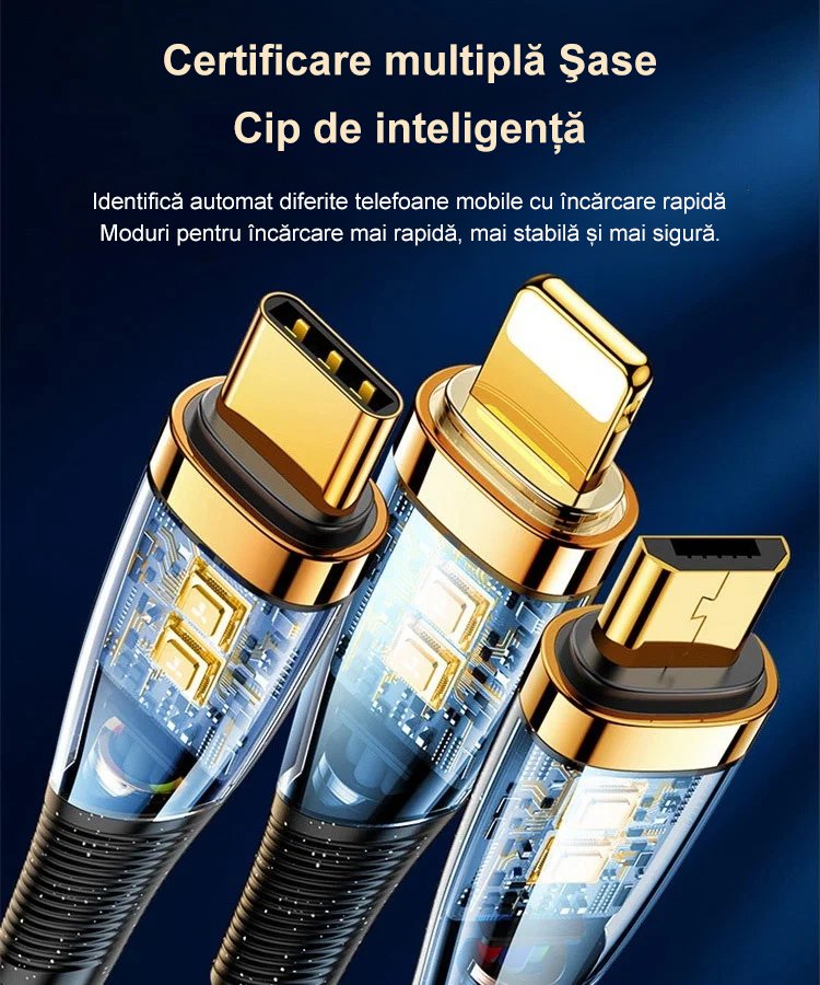 Cablu de date 3-în-1 cu încărcare super rapidă și iluminare transparentă
