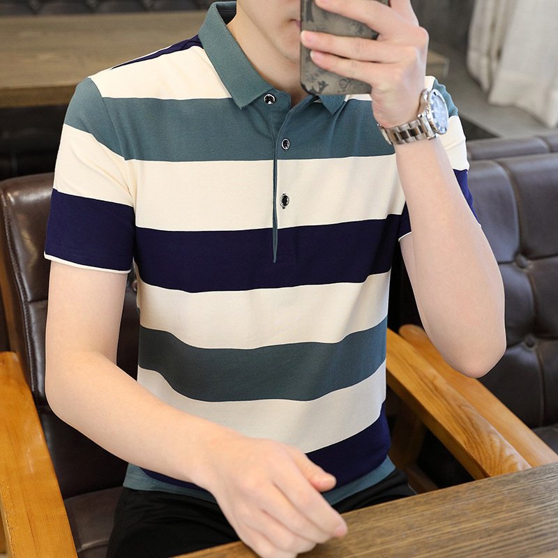 남자 여름 패션 라이트 비즈니스 터틀넥 반팔 스트라이프 티셔츠