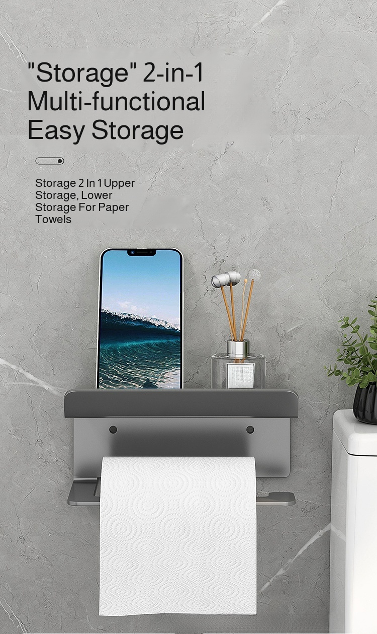 Toilet paper holder with integrated cell phone shelf, wall-mounted design