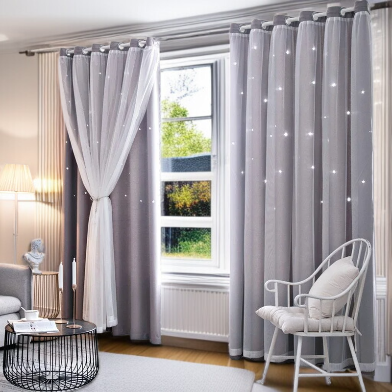 침실 차광 커튼 완제품 이중 레이스 펀칭 차광 커튼 별 차광 커튼