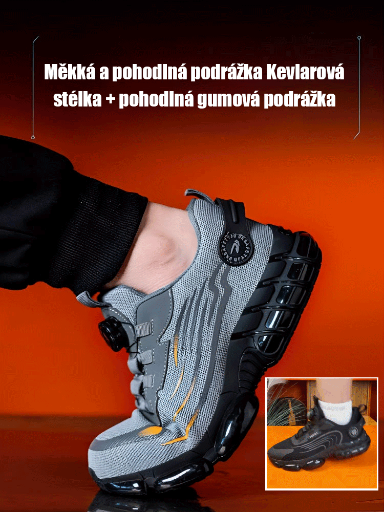 Ochranné pracovní boty s otočným knoflíkem, odolné proti propíchnutí a nárazu.