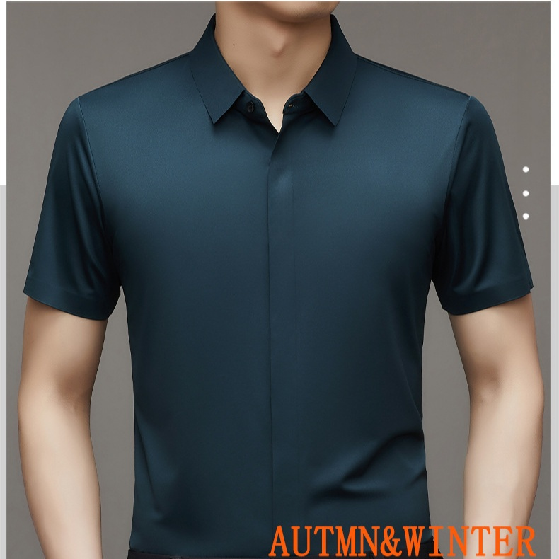 ビジネスメンズファッションシャツ 中年男性用ノンマーキング高弾性アイスシルク半袖シャツ サマーファッション・ビジネスシャツ