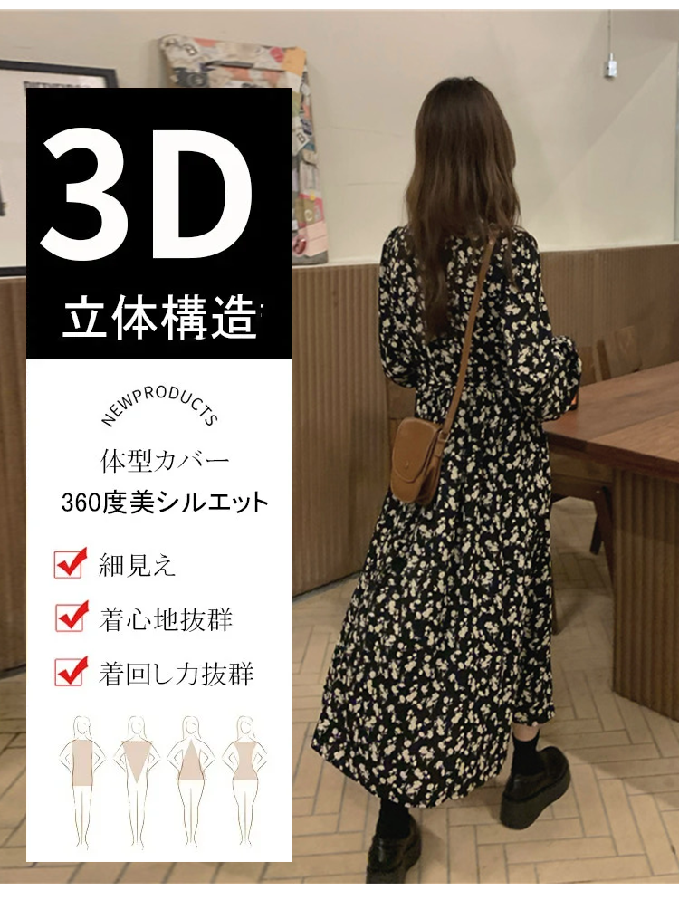 Vネック花柄ワンピースの生地アップ画像