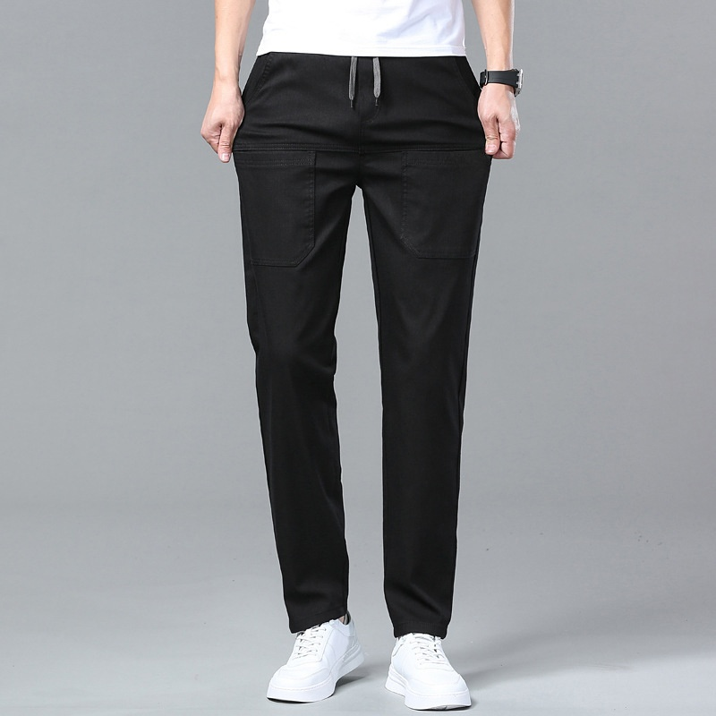 남자 여름 캐주얼 팬츠 작은 일자 아이스 원단 고탄력 팬츠 디자인 남자 데님라이크 6포켓 밴딩 허리 얇은 캐주얼 팬츠