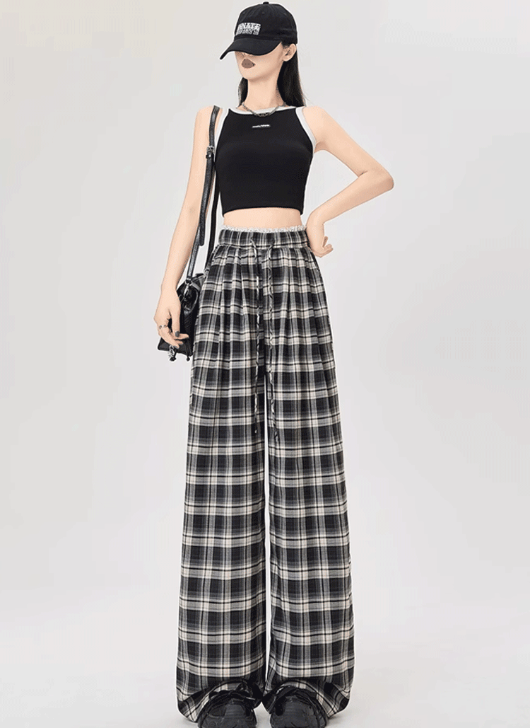 빈티지 레이스 트리밍 체크무늬 와이드 팬츠