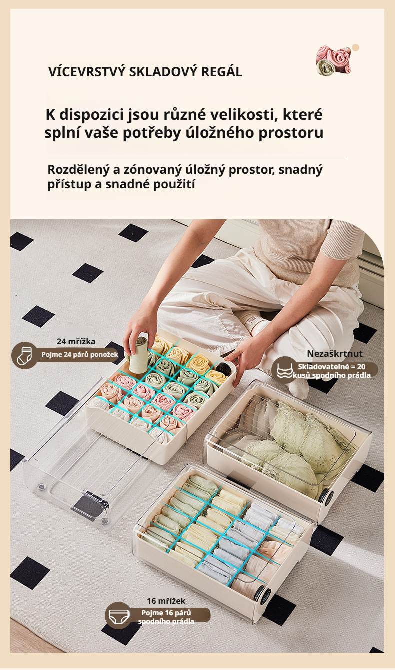 Detailní pohled na organizér na prádlo v krémové barvě