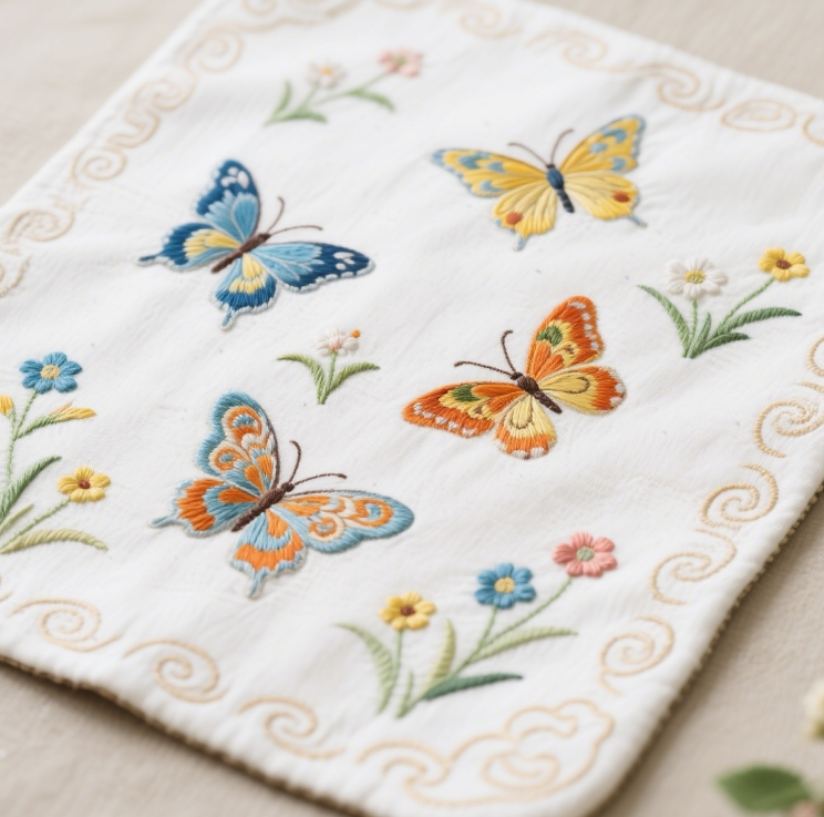 Service à thé brodé main avec motif papillon raffiné