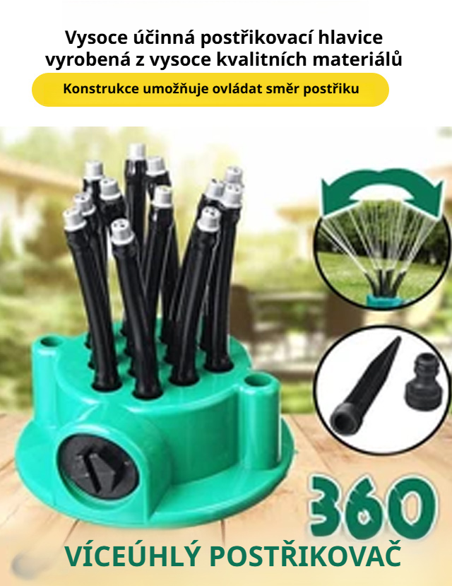 Ukázka širokého dosahu postřikovací hlavice na zahradě
