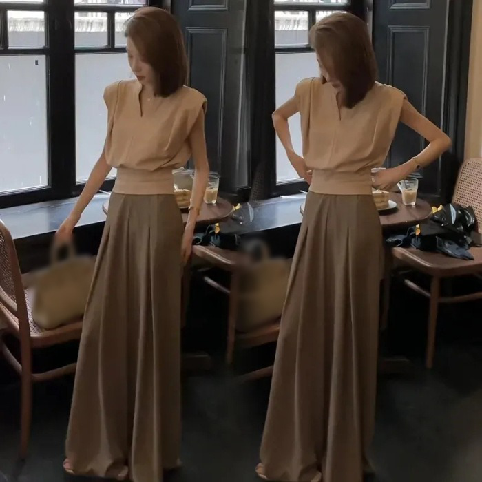 프렌치 브이넥 상의 정장 와이드 팬츠 기질 투피스