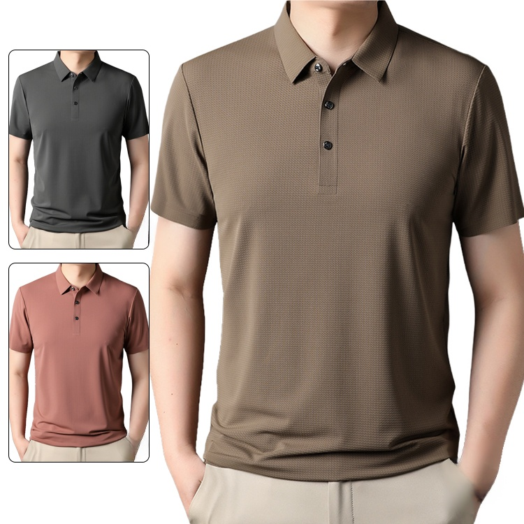 【涼感ワッフル】メンズ半袖ポロシャツ 薄手 ストレッチ 涼感　ドレープ性 通気速乾　襟付きメンズTシャツ シワ防止　ノンアイロン