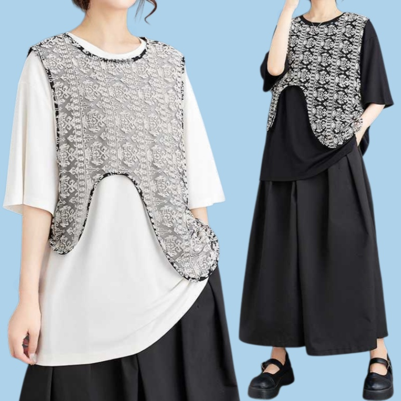 ゆったり透かし彫りジャカードベスト半袖t