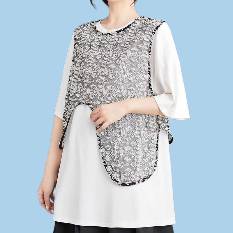 ゆったり透かし彫りジャカードベスト半袖t