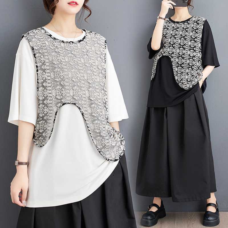 여름 루즈핏 펀칭 자카드 투피스 상의 반팔 티셔츠 여 패션 오버사이즈 투피스