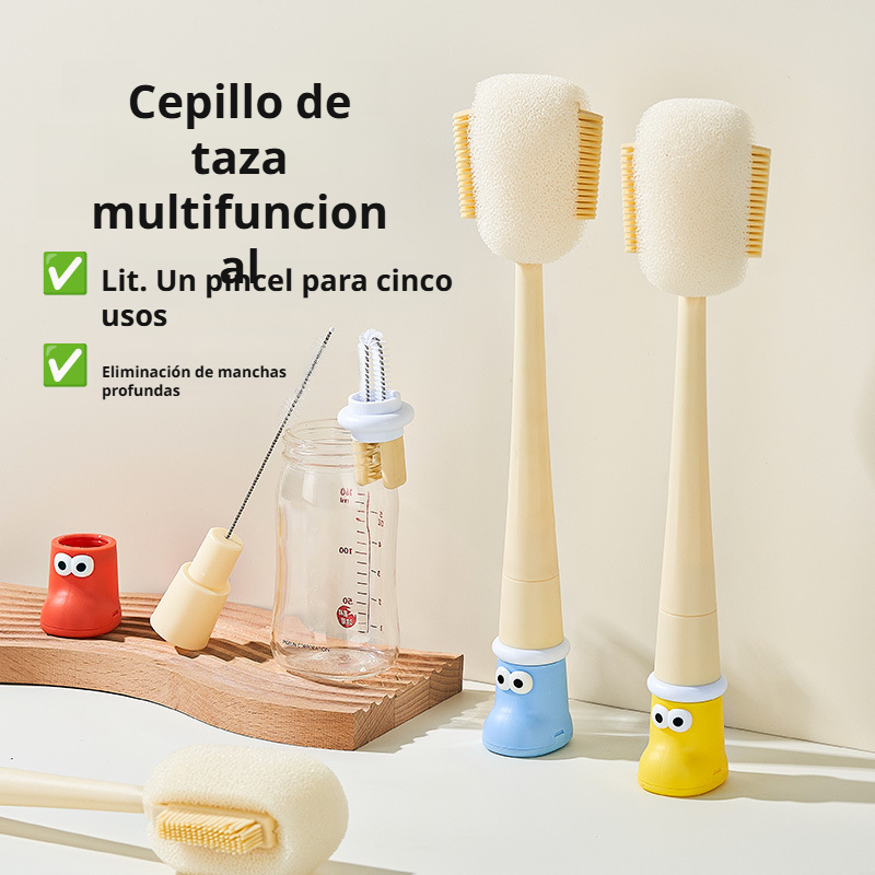 Cepillo de esponja de mango largo 5 en 1 para limpiar botellas