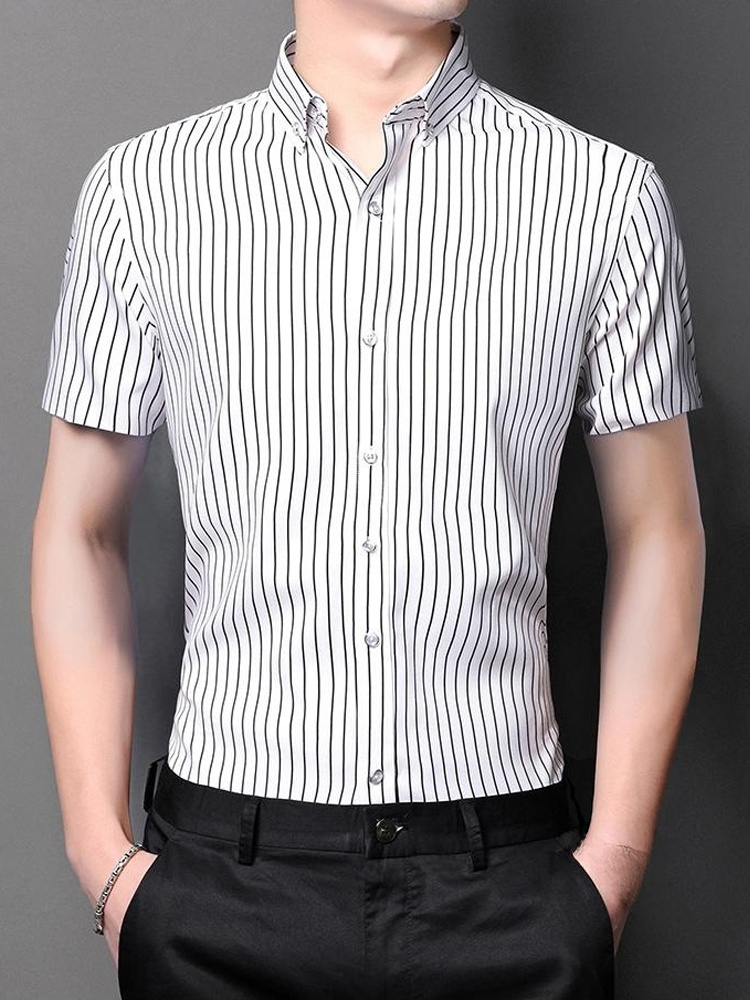 夏用ノーアイロン・シワ防止ストライプ半袖メンズシャツ