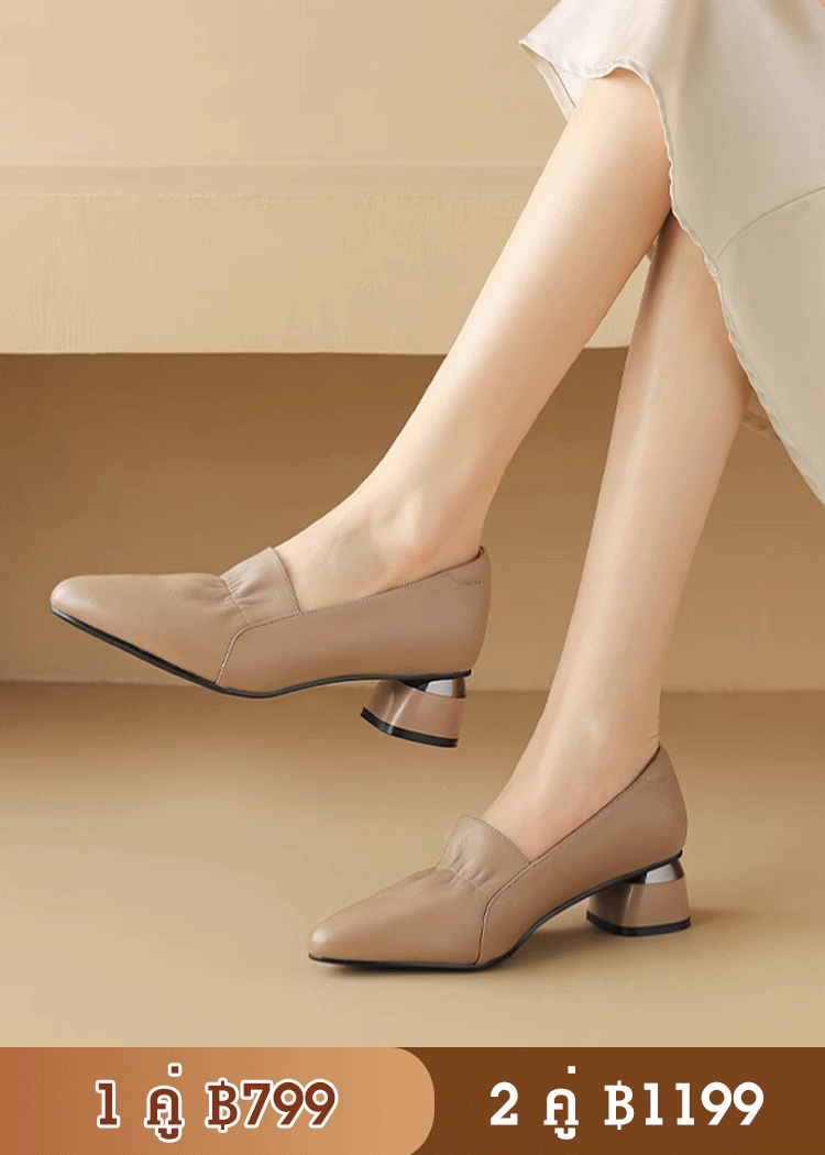 รองเท้าหนังหัวแหลมส้นตันสไตล์เกาหลี