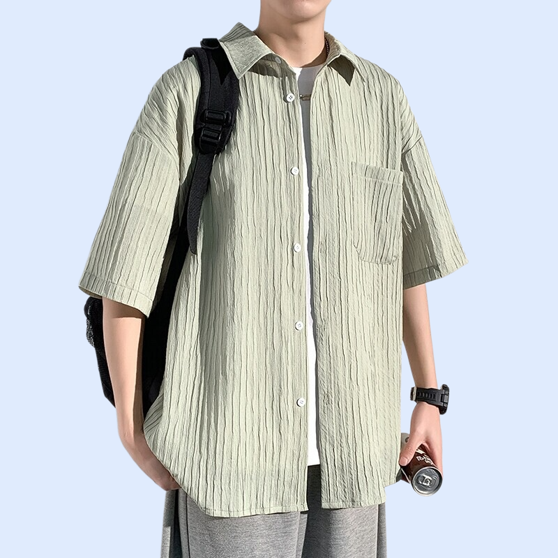 여름 캐주얼 세로 스트라이프 오픈카라 질감 루즈핏 반팔 셔츠 남성