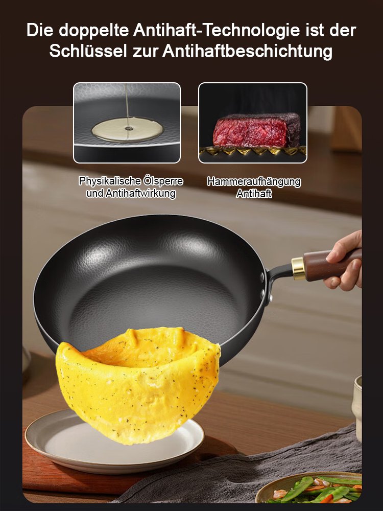 Handgeschmiedete japanische Eisen-Bratpfanne (beschichtungsfrei, mit verstärktem flachen Boden