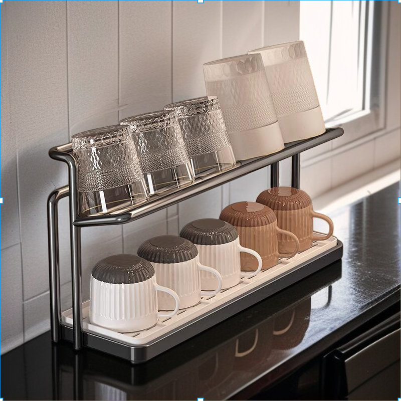 Cup rack storage rack kitchen table countertop water cup double layer drain tray rack