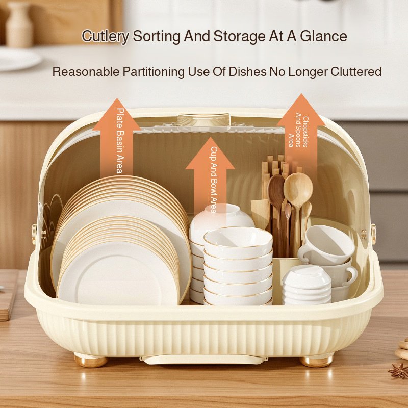 Large lidded kitchen dish storage box with draining dish rack