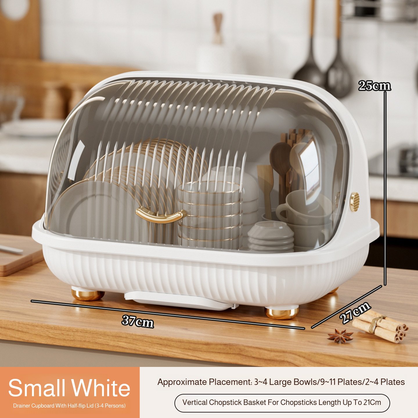 Large lidded kitchen dish storage box with draining dish rack