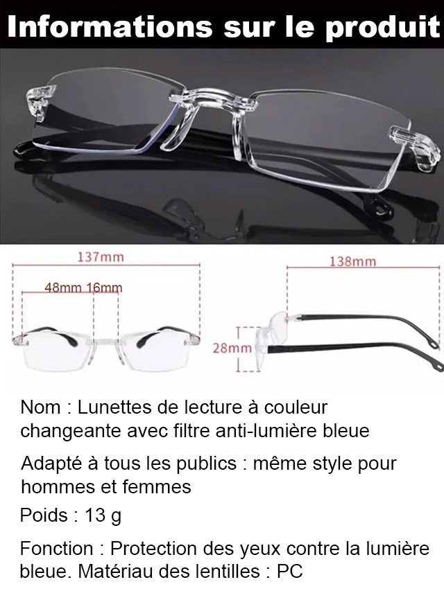 Lunettes de lecture anti-lumière bleue à verres photochromiques
