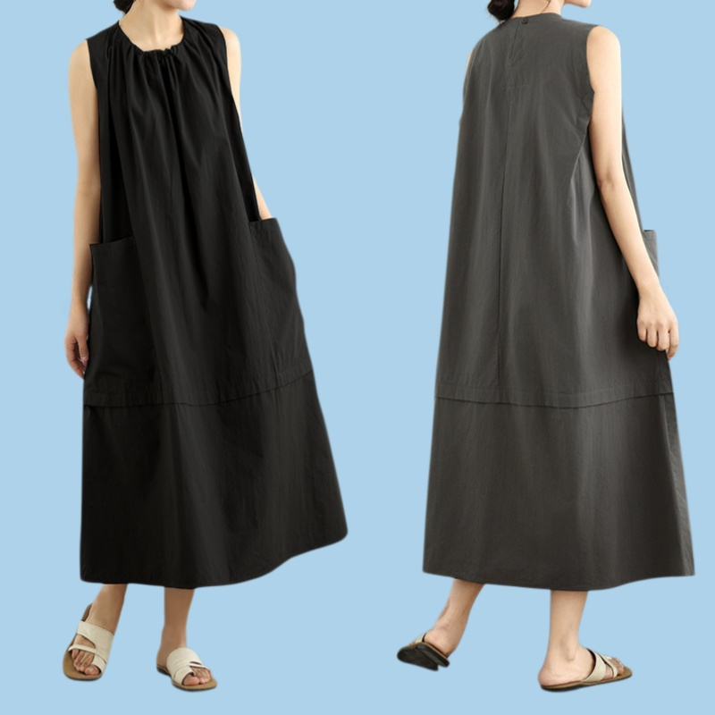 新しい丸首ノースリーブのゆったりワンピース