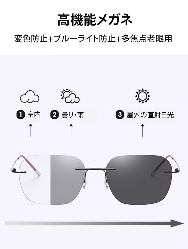 光感変色ズームリムレス老眼用メガネ【男女兼用】