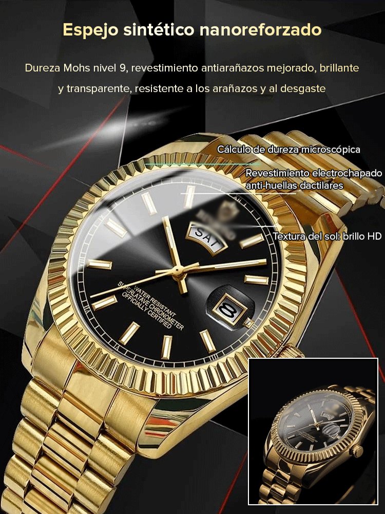 Reloj clásico con correa de acero resistente al agua y doble fecha para hombre