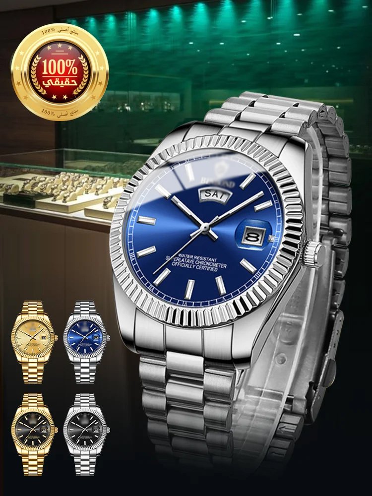 Reloj clásico con correa de acero resistente al agua y doble fecha para hombre