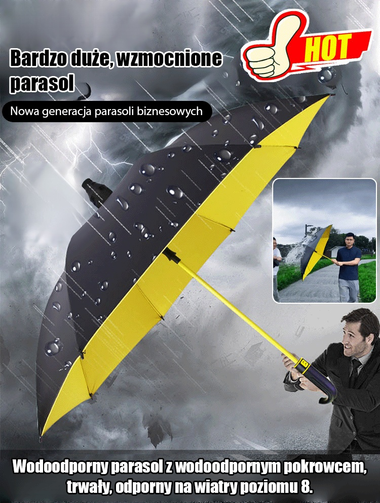 Automatyczny, dwuwarstwowy, wiatroodporny parasol.