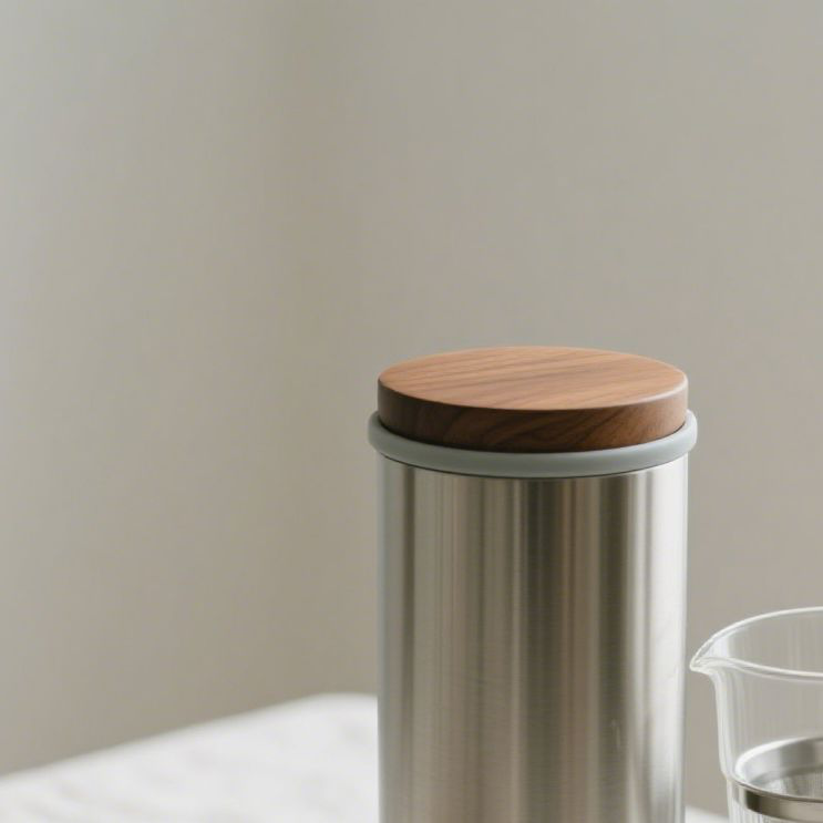 Odšťavňovač se stříbrným tělem a dřevěným víkem na kuchyňské lince