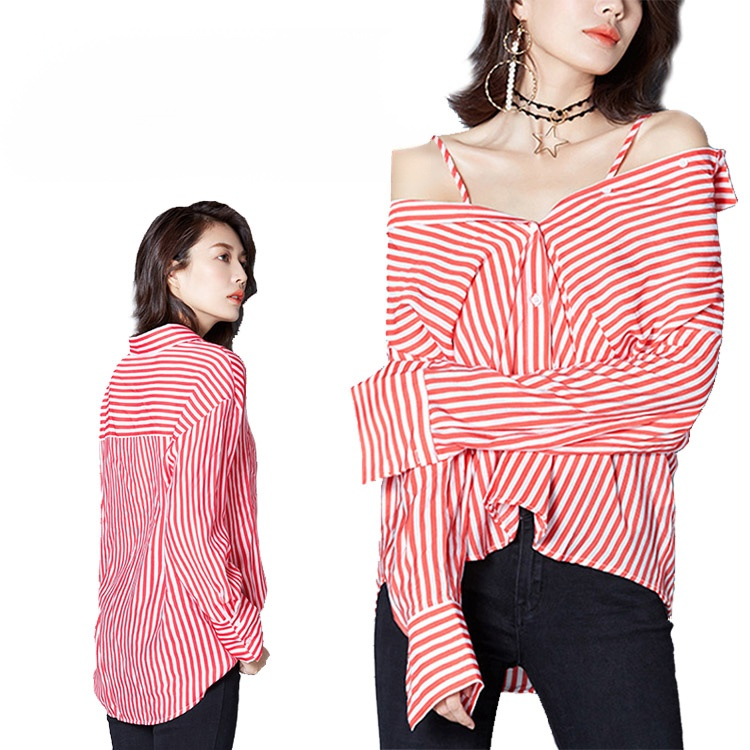 【2wayストライプシャツ】柔軟　　色褪せない　　通気　　ドレープ　　UVカット