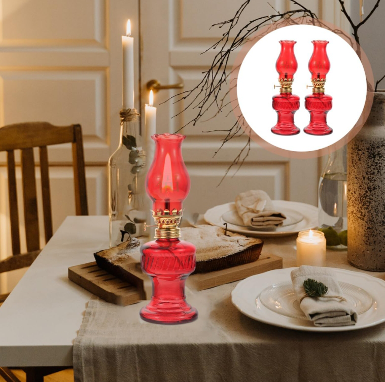 2개의 빈티지 스타일 유리 오일 램프, 방풍 디자인 레드 등유 램프, 가정용 실내 사용 램프, 웨딩, 파티, 가정 장식에 적합