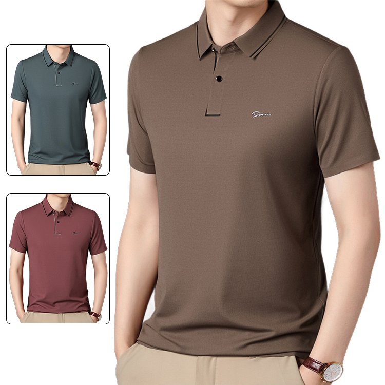 メンズ折り襟シルクポロシャツ、通気性快適冷感メンズ半袖、夏用メンズ半袖