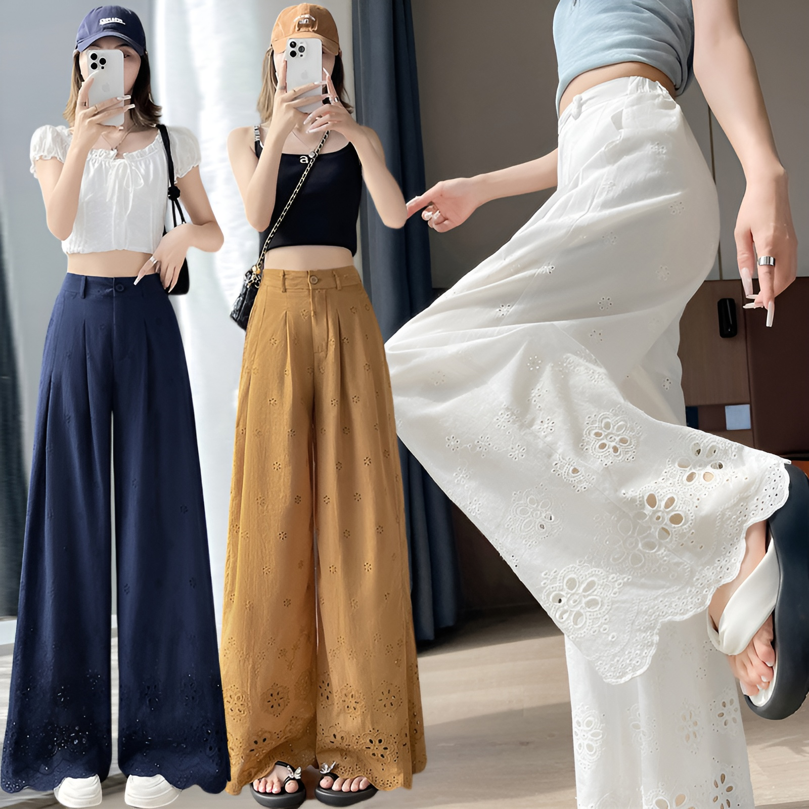 夏用中空ワイドレッグパンツ、フックフラワーワイドレッグパンツ、レディース2025新作、ハイウエストパンツ、スリムドレープレースパンツ、カジュアルストレートパンツ