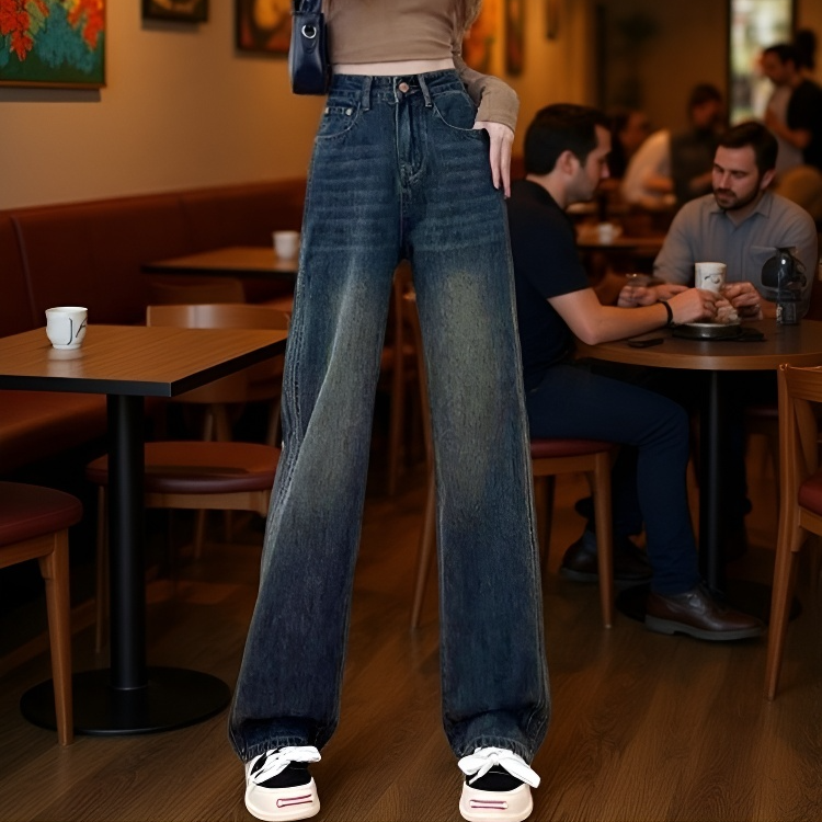 ヴィンテージ風ハイウエストブルースリムストレートジーンズ