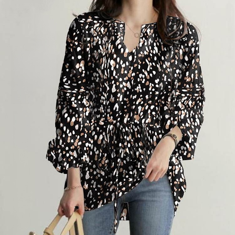 ヨーロッパとアメリカのゆったりとした豹柄プリントシャツ長袖トップス秋の女性用Vネックカジュアルフルスリーブシャツ
