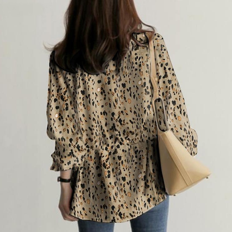 ヨーロッパとアメリカのゆったりとした豹柄プリントシャツ長袖トップス秋の女性用Vネックカジュアルフルスリーブシャツ