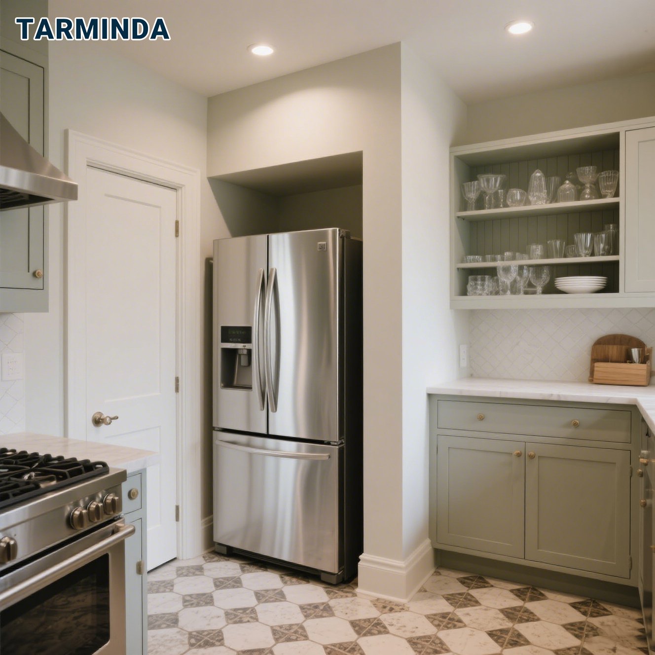 Vista frontal del frigorífico doble puerta en cocina moderna