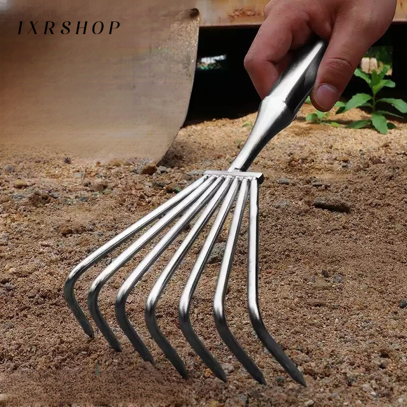 Acero inoxidable tierra suelta pequeño rastrillo