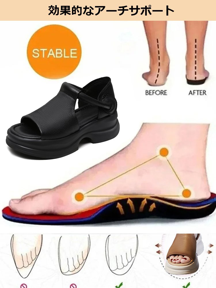 【イタリア製の本革で、通気性と滑り止め機能があり、10年間型崩れしません。】オープントゥウェッジソールサンダル