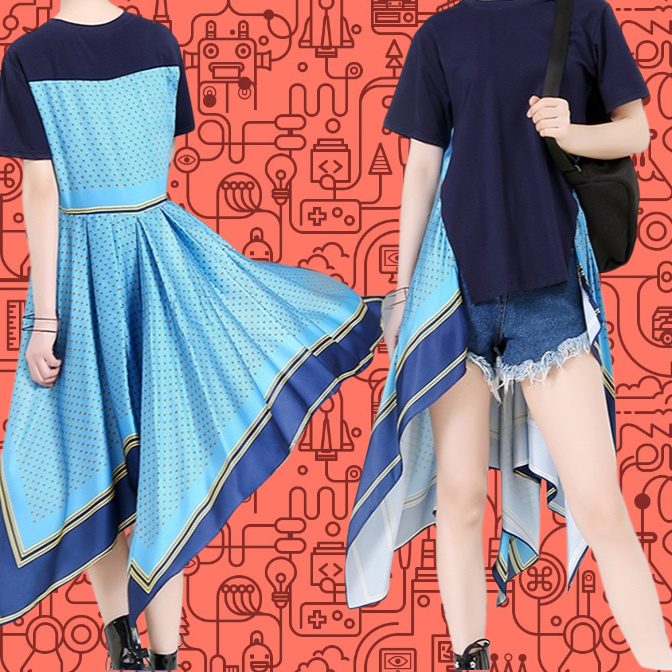 ロングトップス　売切れ御免 裾変形デザイン  サイドチュニック 燕尾 スクエアヘムTシャツ